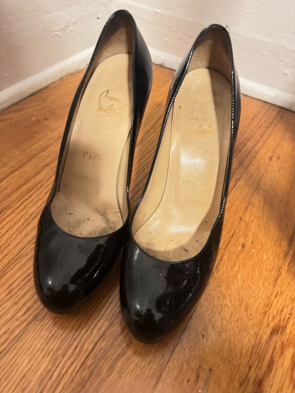 Christian Louboutin Black Patent Leather Round-Toe Pumps